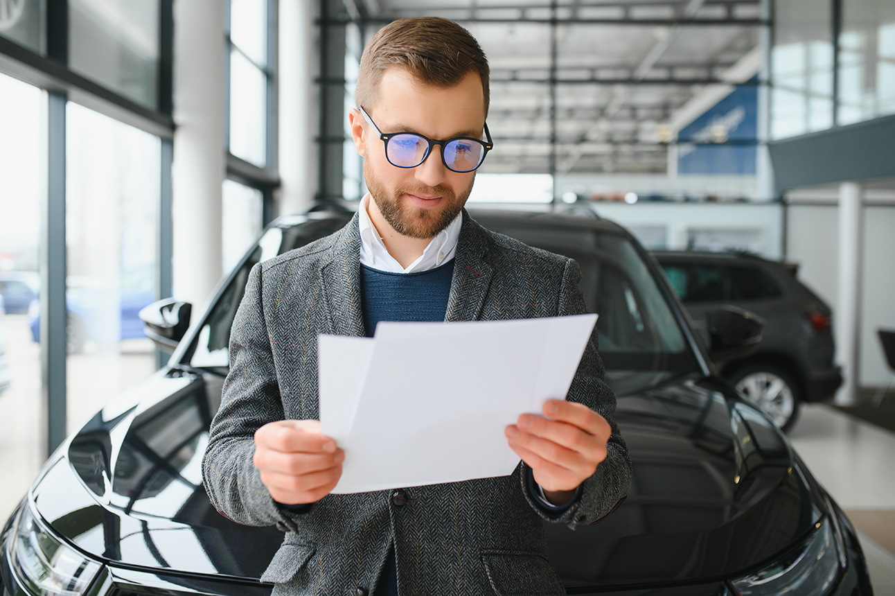 How CARCHEX Works | Vehicle Protection Plan Process Person holding a clipboard inspecting a vehicle in a showroom